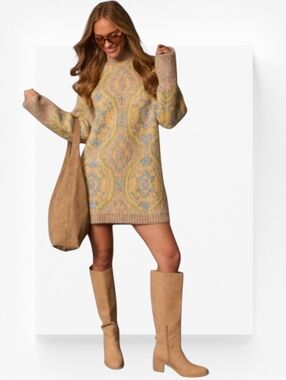 Abstract Mock Neck Sweater Dress ▪︎ Gold ▪︎ LG